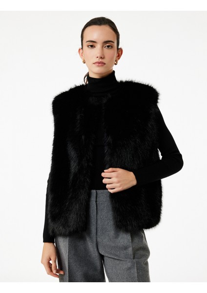 Düğmeli Bisiklet Yaka Kolsuz Suni Kürk Crop Yelek