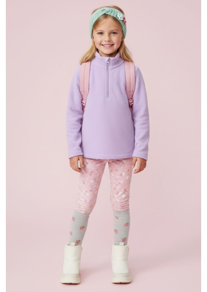 Kız Çocuk Uzun Kollu Mor Dik Yaka Yarım Fermuarlı Polar Üst - Kız Çocuk Sweatshirt, Kız Çocuk Polar