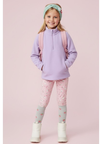 Kız Çocuk Uzun Kollu Mor Dik Yaka Yarım Fermuarlı Polar Üst - Kız Çocuk Sweatshirt, Kız Çocuk Polar fiyatları
