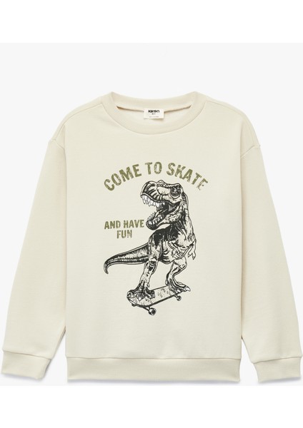 Dinozor Baskılı Uzun Kollu Bisiklet Yaka Sweatshirt