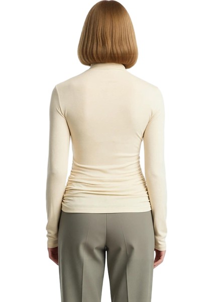 Kadın Moda Şık Üst Giyim Crop Dik Yaka Slim Kalıp Örme Fitted Büzgü Drape Detaylı Bluz modelleri