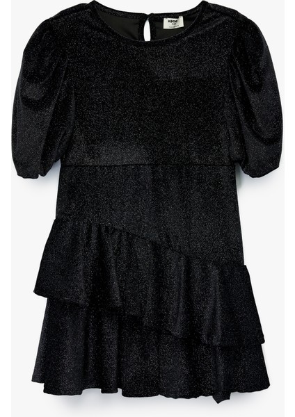 Fırfır Detaylı Kısa Kollu Bisiklet Yaka Simli Elbise