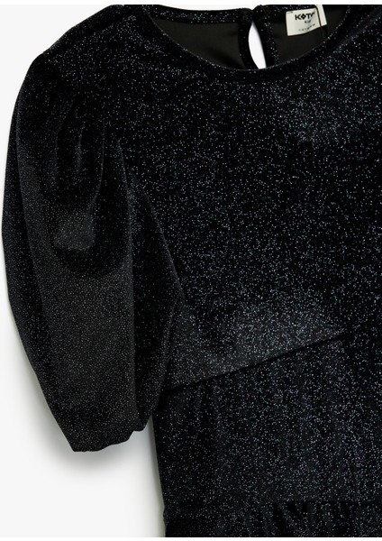 Fırfır Detaylı Kısa Kollu Bisiklet Yaka Simli Elbise modelleri