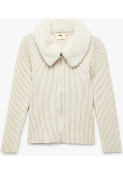 Uzun Kollu Peluş Yaka Viskon Karışımlı Fermuarlı Triko Hırka