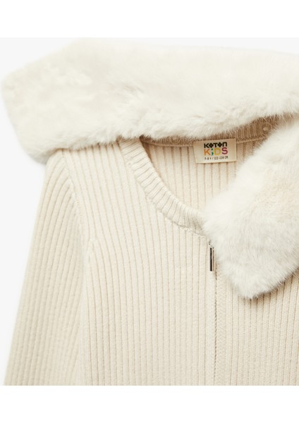 Uzun Kollu Peluş Yaka Viskon Karışımlı Fermuarlı Triko Hırka fırsatları