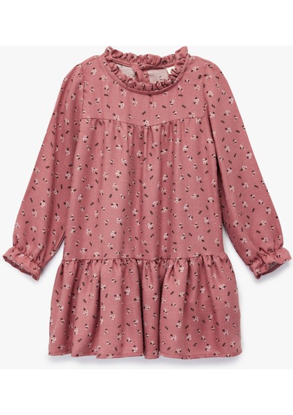 Uzun Kollu Dik Yaka Çiçek Desenli Viskon Elbise