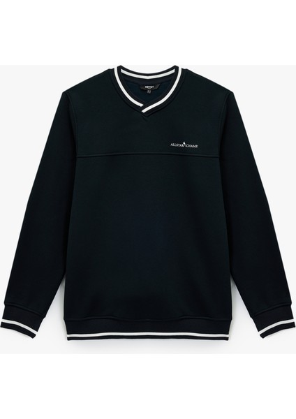 Regular Fit Uzun Kollu Çizgi Detaylı Şardonlu V Yaka Sweatshirt