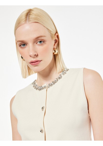 Düğmeli Bisiklet Yaka Taşlı Triko Yelek fiyatları