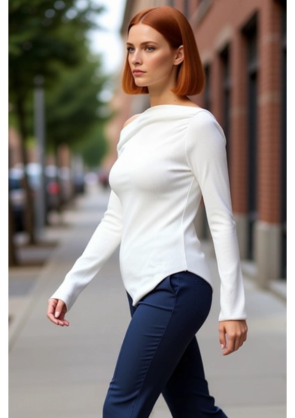 Kadın Bordo Drapeli Kayık Yaka Asimetrik Esnek Uzun Kol Örme Bluz Günlük Kombinler Için Ideal Bir