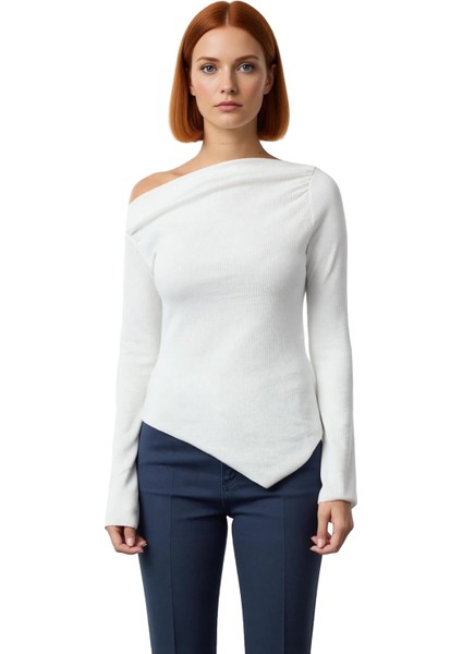 Kadın Bordo Drapeli Kayık Yaka Asimetrik Esnek Uzun Kol Örme Bluz Günlük Kombinler Için Ideal Bir modelleri