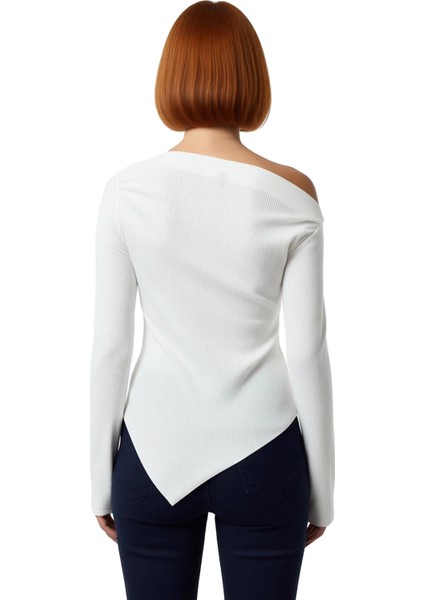 Kadın Bordo Drapeli Kayık Yaka Asimetrik Esnek Uzun Kol Örme Bluz Günlük Kombinler Için Ideal Bir fırsatları