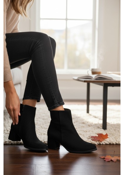 Popin Siyah Fermuarlı Kadın Süet Sivri Burun Yarım Bot fiyatları