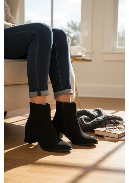 Popin Siyah Fermuarlı Kadın Süet Sivri Burun Yarım Bot modelleri