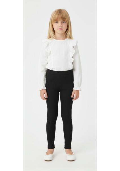 Düz Renk Fitilli Şardonlu Kız Çocuk Tayt