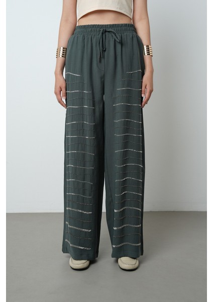 Kadın Yatay Şerit Taş Işlemeli Düz Renk Beli Lastikli Bol Paça Pantolon