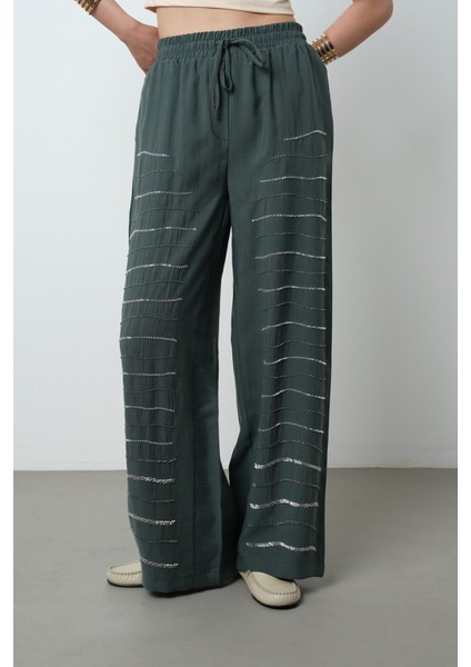 Kadın Yatay Şerit Taş Işlemeli Düz Renk Beli Lastikli Bol Paça Pantolon fiyatları