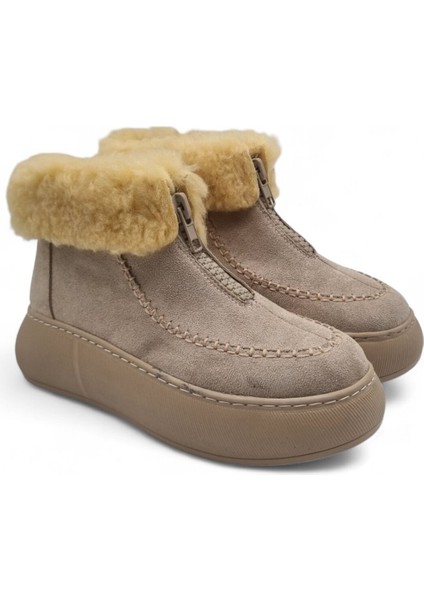 Kadın Kalın Taban Kürk Astarlı Önden Fermuarlı Bot Bej - 40