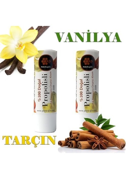 Petekoğlu (2 Adet) Dudak Kremi Propolis Bal Tarçın Sarı Kantaron Vanilya Shea Hindistan Cevizi Nar Çekirdeği Nemlendirici, Koruyucu Onarıcı