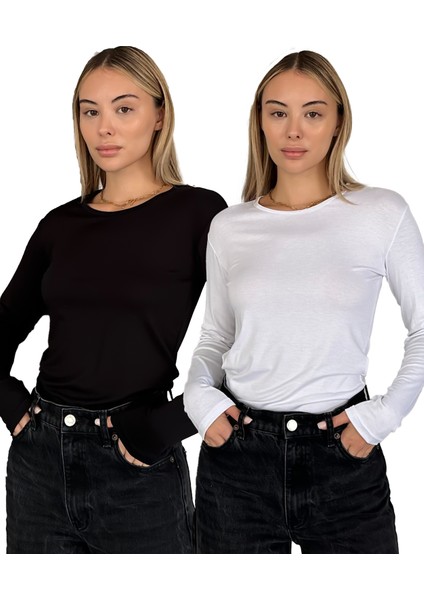 Kadın Uzun Kollu Bisiklet Yaka Penye Body 2'li Set