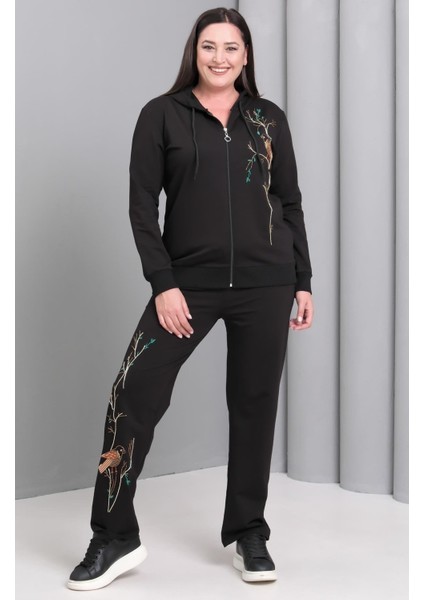 Kadın Büyük Beden Siyah, Kuş Motifli Boncuk Işli, Kapüşonlu Eşofman Takım 65N39192
