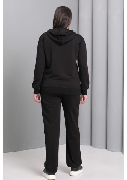 Kadın Büyük Beden Siyah, Kuş Motifli Boncuk Işli, Kapüşonlu Eşofman Takım 65N39192 modelleri