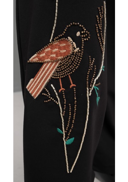 Kadın Büyük Beden Siyah, Kuş Motifli Boncuk Işli, Kapüşonlu Eşofman Takım 65N39192