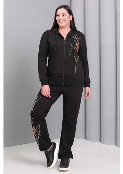 Kadın Büyük Beden Siyah, Kuş Motifli Boncuk Işli, Kapüşonlu Eşofman Takım 65N39192