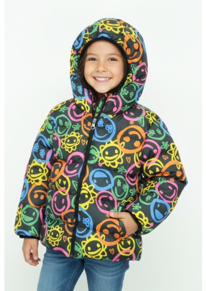 Kız Çocuk Içi Polar Astarlı-Kapüşonlu-Desenli-Fermuarlı Mont 12358