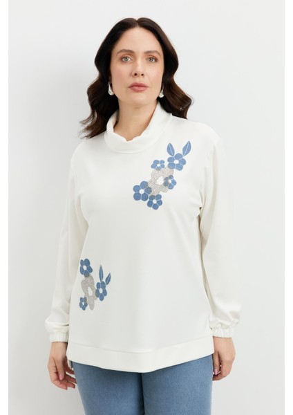 Büyük Beden Degaje Yaka Sweatshirt-Ekru indirimleri