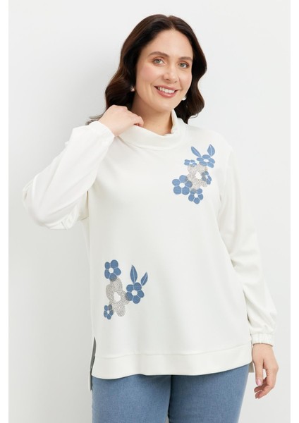 Büyük Beden Degaje Yaka Sweatshirt-Ekru