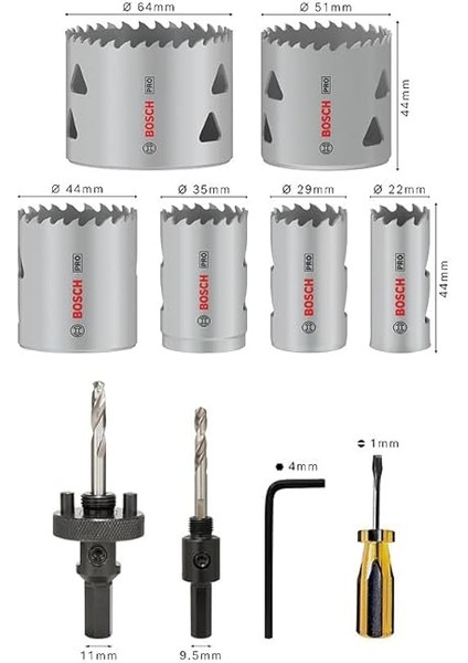 12X Pro Multi Material Delik Açma Testeresi Seti - Standart Tutucu (Yumuşak Ahşap, Alçıpan, Ø 22, 29, 35, 44, 51, 64 Mm, Professional Aksesuar Döner Matkap/vidalamalar, Darbeli Matkap/vidalama) modelleri