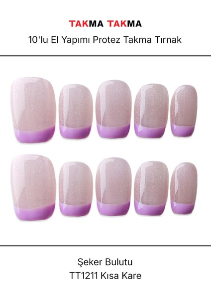 10'lu Pembe Kısa Kare TT1211 Tekrar Kullanılabilir El Yapımı Protez Takma Tırnak - Ten Rengi-Pembe-S indirimleri
