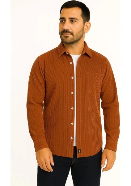 Erkek Fitilli Kadife Cepli Gömlek Oversize Rahat Kalıp - Kahverengi modelleri
