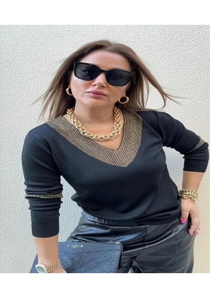 Yaka ve Kol Detaylı V Yaka Bluz 12787