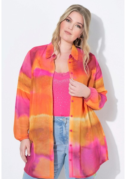 Kadın Büyük Beden Renkli, Kol Ağzı Lastikli, A Kesim, Batik Desenli Şifon Gömlek 65N39101