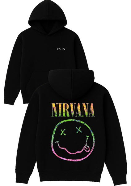 Nırvana Emoji Tasarım Baskılı Oversize Siyah Kapüşonlu Sweatshirt