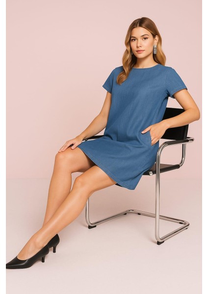 Kadın Büyük Beden Mavi, Gizli Fermuar Kapama, Kısa Kol Ince Kot Elbise 65N39160