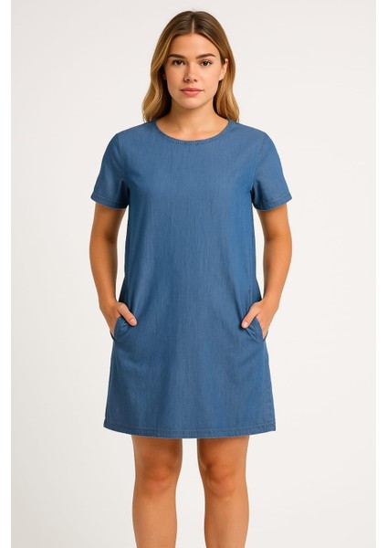 Kadın Büyük Beden Mavi, Gizli Fermuar Kapama, Kısa Kol Ince Kot Elbise 65N39160 fiyatları