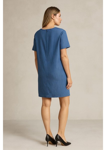 Kadın Büyük Beden Mavi, Gizli Fermuar Kapama, Kısa Kol Ince Kot Elbise 65N39160 modelleri