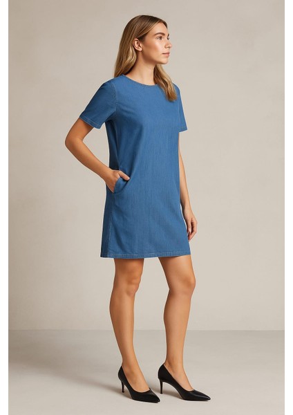 Kadın Büyük Beden Mavi, Gizli Fermuar Kapama, Kısa Kol Ince Kot Elbise 65N39160 fırsatları