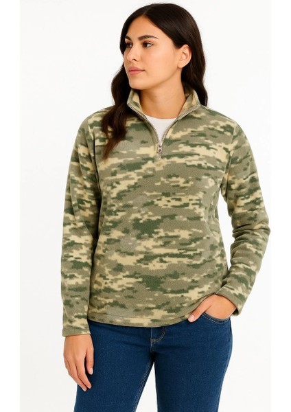 Kadın Yarım Fermuarlı Desenli Polar Sweat - Haki Kamuflaj Yakalı, Uzun Kollu, Oversize Rahat Kalıp - Haki -Vlmr modelleri