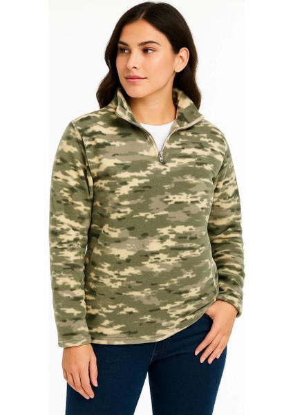 Kadın Yarım Fermuarlı Desenli Polar Sweat - Haki Kamuflaj Yakalı, Uzun Kollu, Oversize Rahat Kalıp - Haki -Vlmr fırsatları