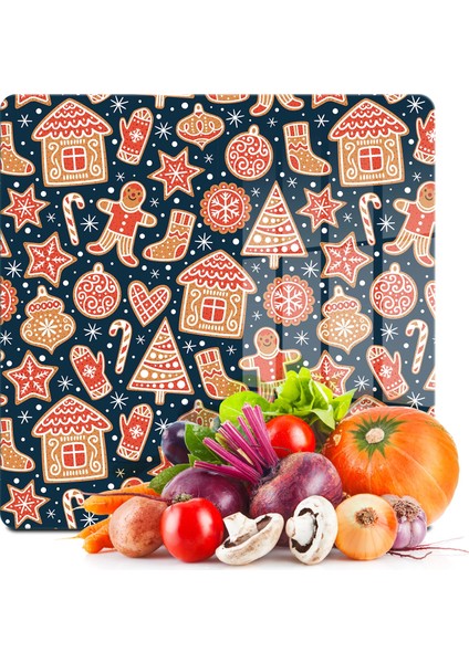Cam Kesme Tahtası ve Sunumluk Kare Yılbaşı Kurabiye Desenli 30X30 cm