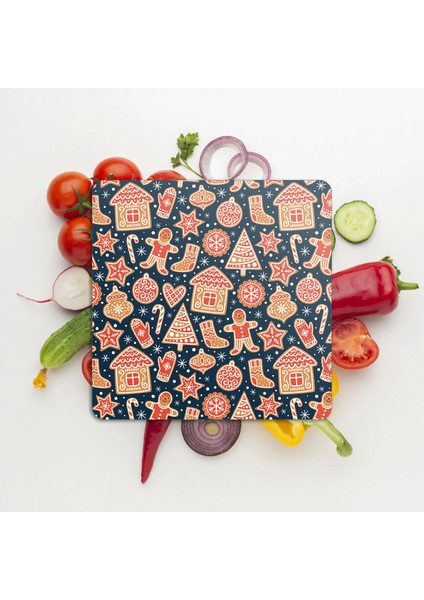 Cam Kesme Tahtası ve Sunumluk Kare Yılbaşı Kurabiye Desenli 30X30 cm modelleri