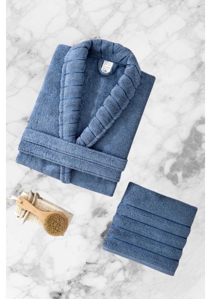 Aqualoom Lüx Erkek Bornoz ve Havlu Seti &#37;100 Pamuklu Mavi