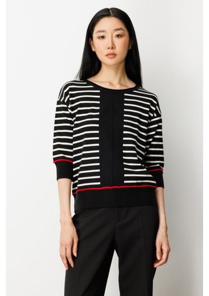 Kadın Yarım Kol Çizgili Kazak 65302 Siyah