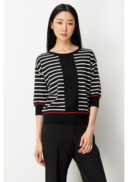 Kadın Yarım Kol Çizgili Kazak 65302 Siyah fiyatları