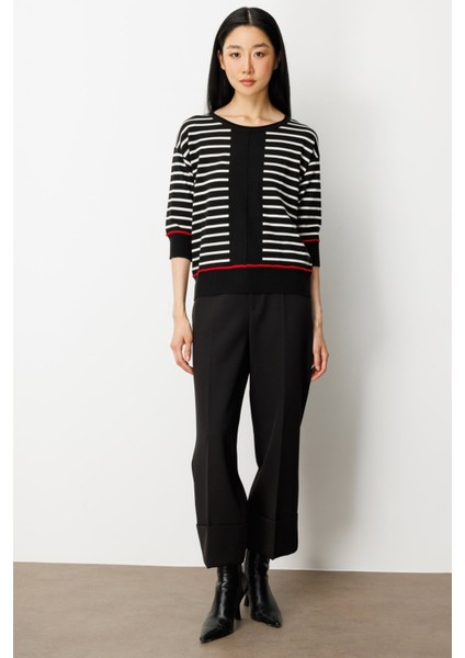 Kadın Yarım Kol Çizgili Kazak 65302 Siyah modelleri