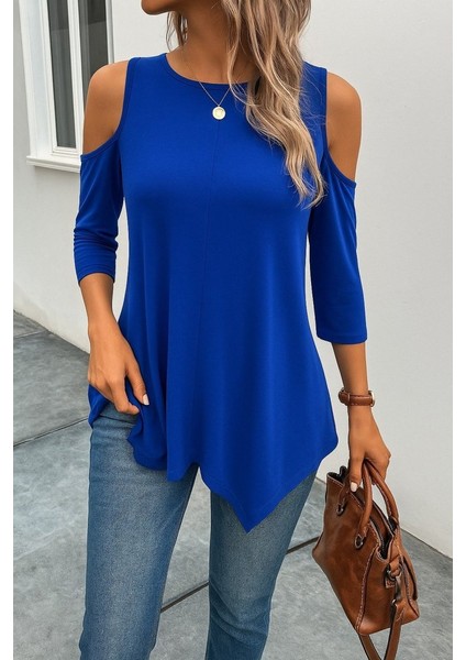 Kadın Omuzlardan Açık Sıfır Yaka Asimetrik Kesim Detay Viskon Bluz modelleri
