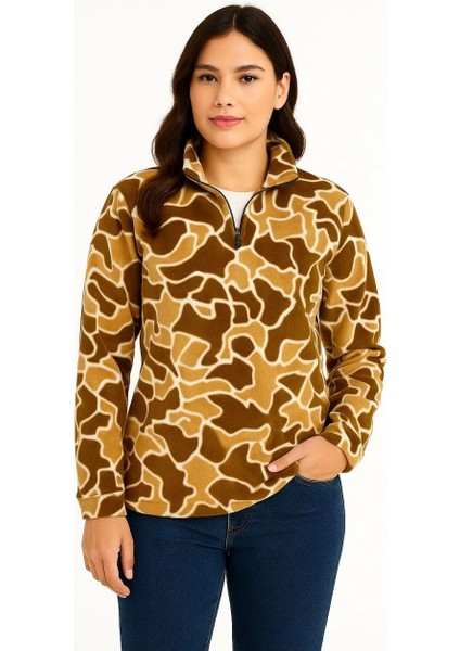 Kadın Yarım Fermuarlı Desenli Polar Sweat Yakalı, Uzun Kollu, Oversize Rahat Kalıp - Kahverengi -Vlmr